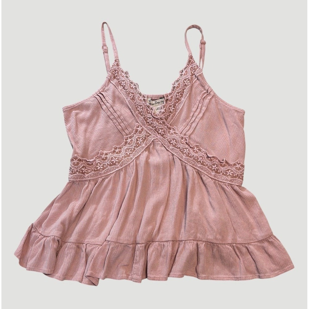 American Rag Cie Pink Lace Trim V-neck Babydoll Camisole Y2K Womens Large Boho